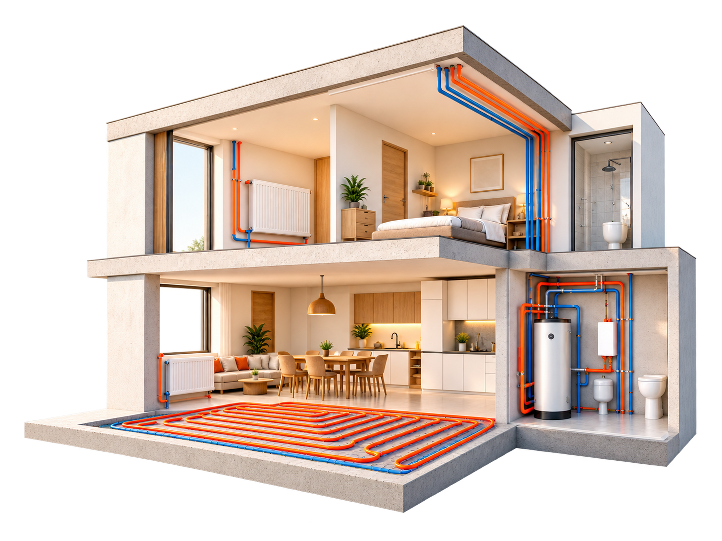 Casa con radiadores, piso radiante, agua caliente y preinstalación de aire acondicionado